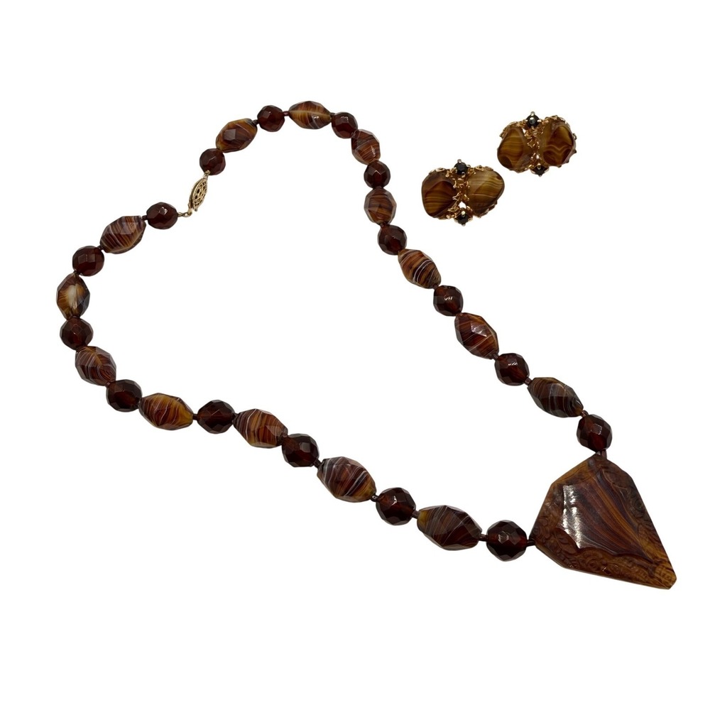 Vintage Tiger's Eye Glass Necklace and Clip on‎ Earrings Set with Carved Pendant